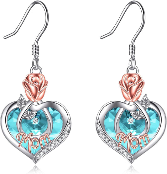 Mom Earrings with Rose Flower Love Heart 925 Sterling Silver Crystal Dangle Drop Hook Earrings Jewelry
