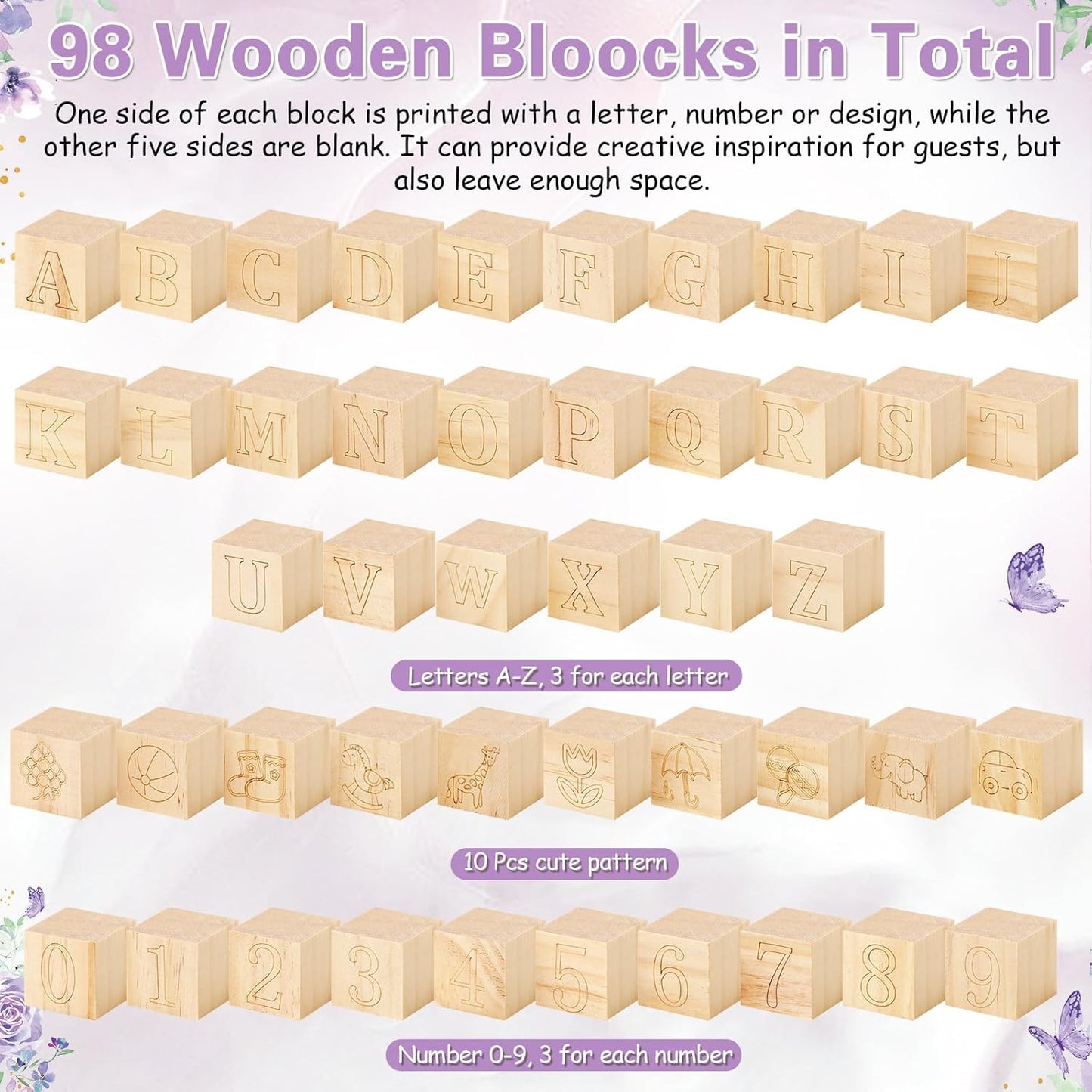 Marsui 136 Pcs Baby Shower Blocks to Decorate Game Kit Includes 98 Wooden Blocks, 36 Markers, 1 Game Sign, 1 Storage Box for Baby Shower Gender Reveal Activity Party Decorations(Butterfly)