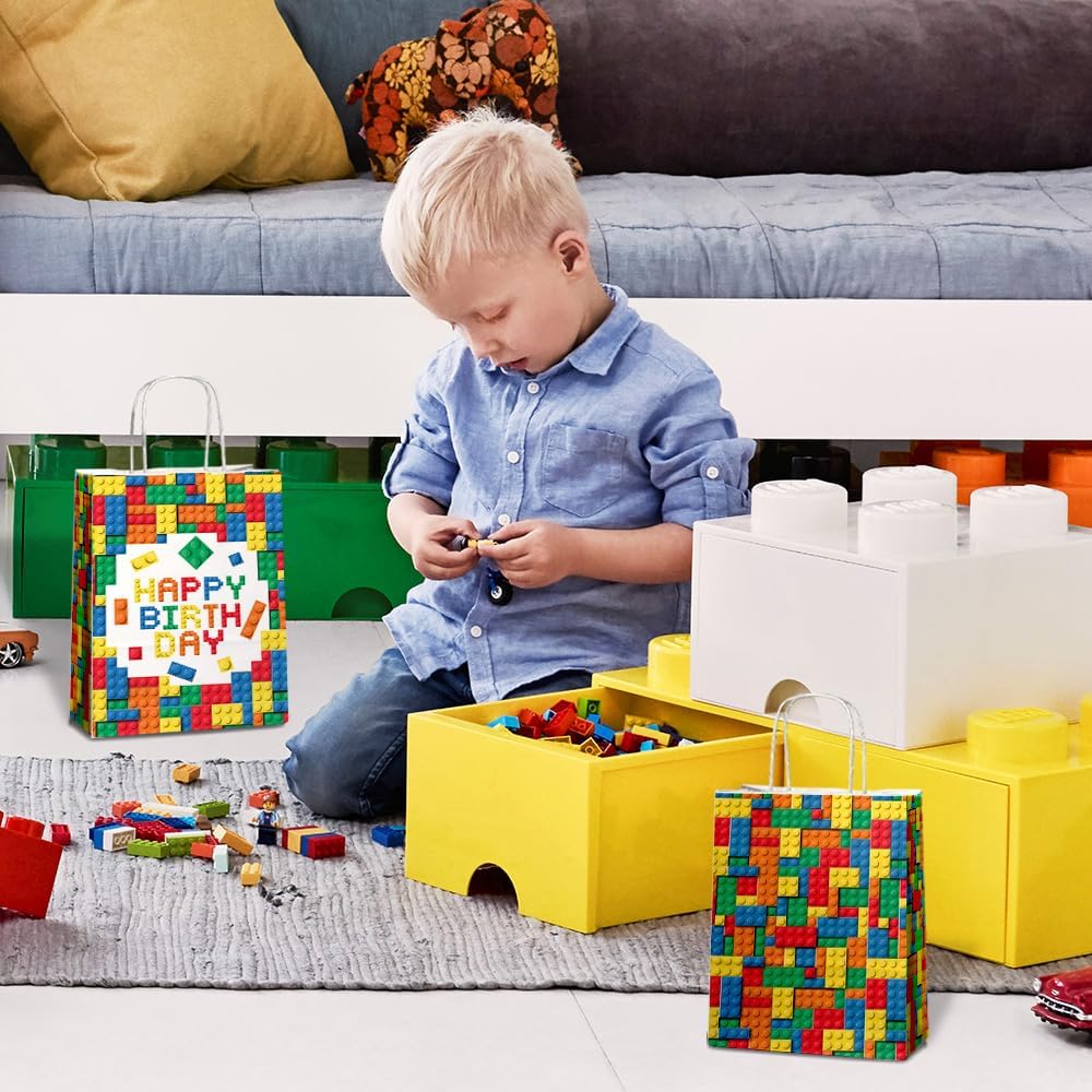 24 Pcs Building Block Party Favor Bags with Handles - Bricks Goodie Gift Candy Bags for Birthday Party Baby Shower Supplies Decorations