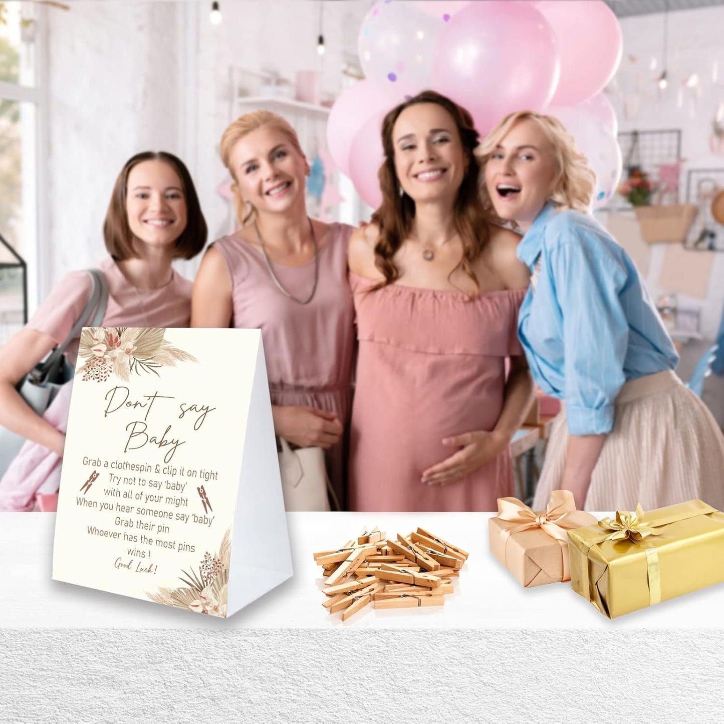 Don't Say Baby Game for Baby Shower Clothespin Game, One 5x7 Coated Paper Sign and 50 Natural Clothespins, Boho Baby Shower, Watercolor Bohemian with Feathers Theme, Gender Neutral -NDSBB44