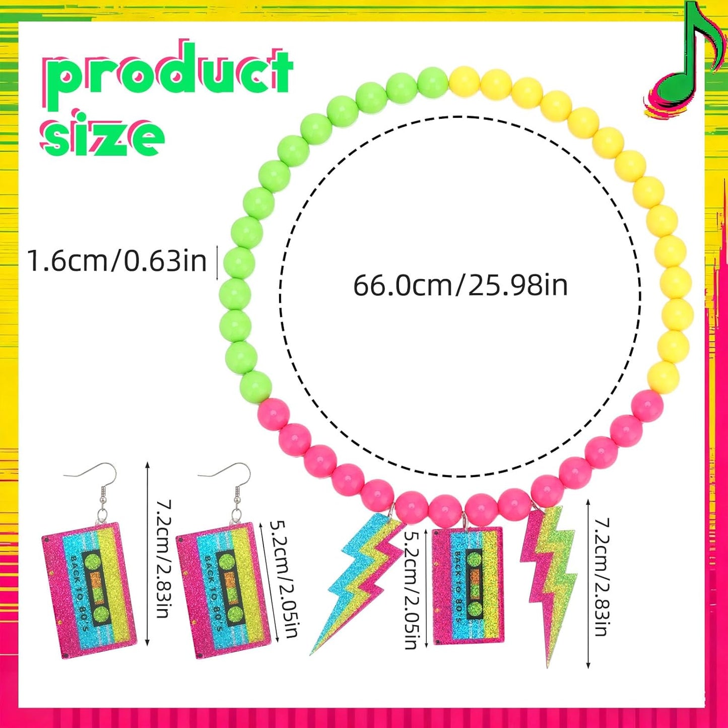 80s Outfits Costume Accessories for Women 80s Necklace Neon Beaded Necklaces for Glow Party Beads Necklaces with Lightning Earrings Tape Neon Jewelry Set for Women 80's Party Favors Decorations