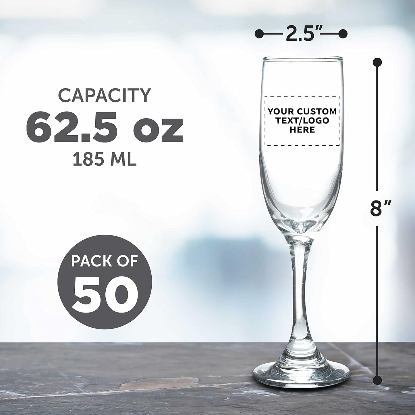 DISCOUNT PROMOS Custom Premiere Champagne Flutes 6.25 oz. Set of 50, Personalized Bulk Pack - Elegant Drinkware for Weddings, Events, & Promotional Gifts - Clear