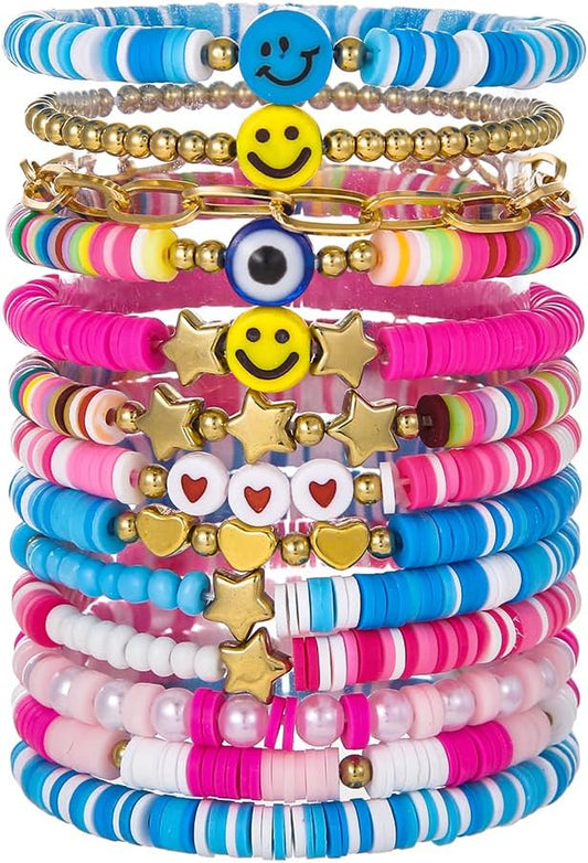 Heishi Surfer Clay Bead Bracelets Set for Women - Preppy Smile Evil Eye Beaded Stretch Bracelets Elastic Layering Friendship Bracelets- Stackable Boho Disc Summer Jewelry Set