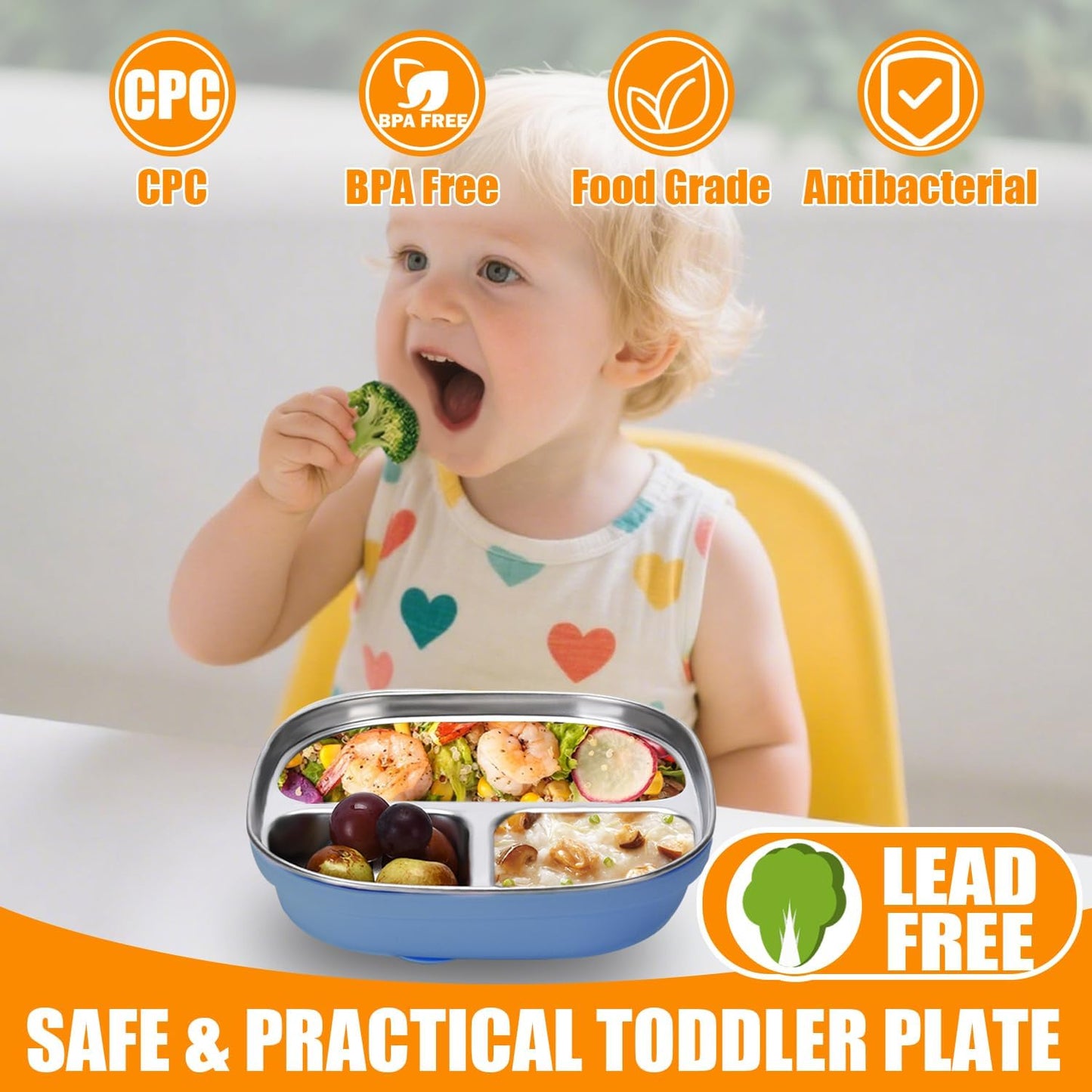 2 Pack Stainless Steel Kids Plates with Suction | 7.68" Spill-Proof High-Rim | 2 Spoons & Removable Sleeves | Microwave/Dishwasher Safe | BPA-Free, Non-Slip, Unbreakable Toddler Plates (‌Blue)