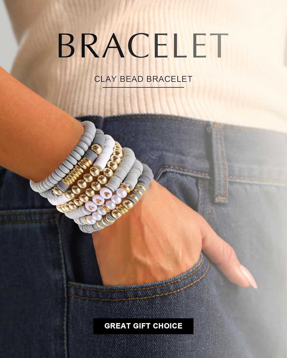 Friendship Bracelets Trendy Heishi Clay Bead Bracelets Stack Gold Beaded Stretch Bracelets for Women Boho Stackable Bracelets Bulk Cute Preppy Jewelry