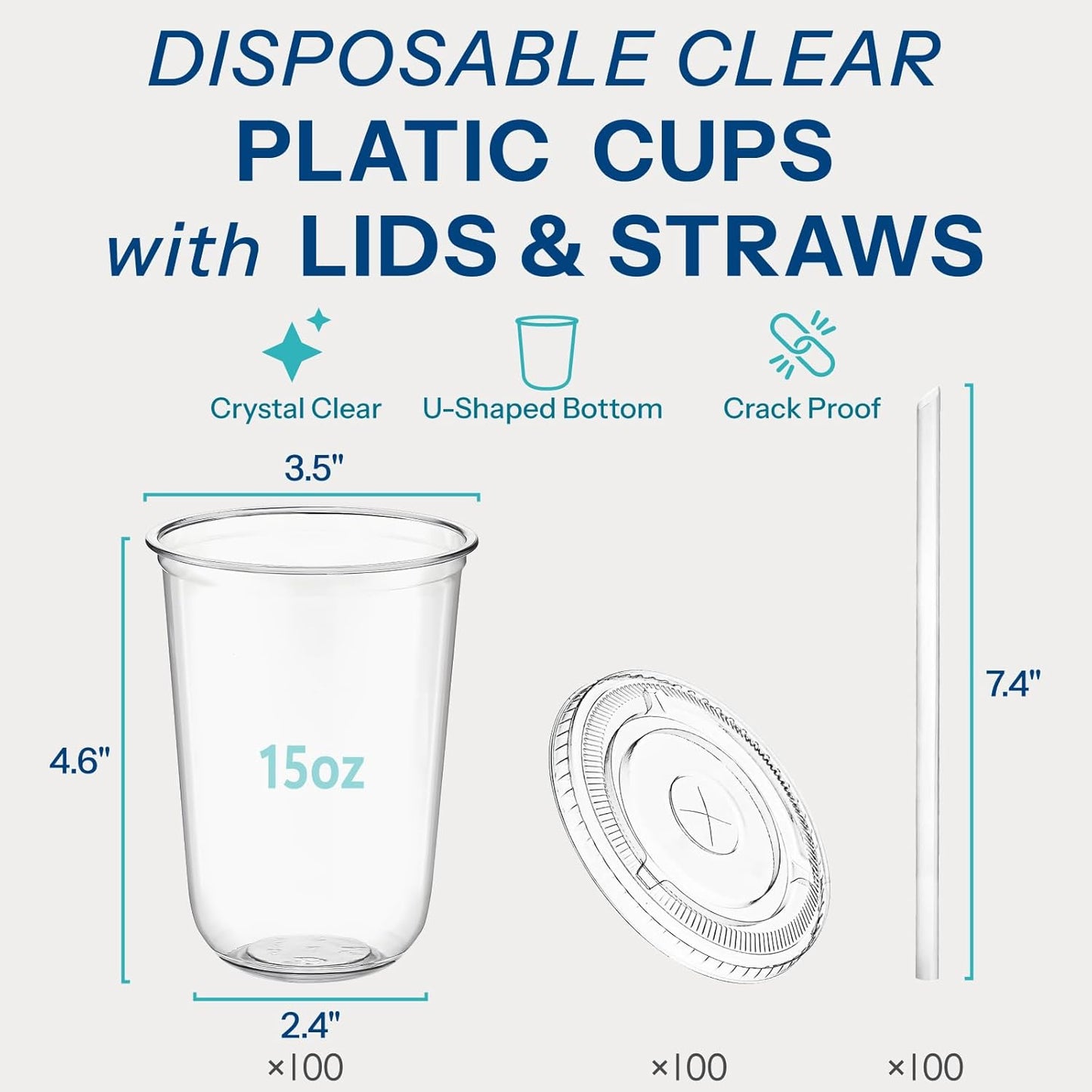 Homestockplus 15 oz Clear PET Plastic Cups with Lids and Straws - 100 Pack Leak-Proof Disposable Plastic Coffee Cups Iced Coffee Cups for Smoothies, Bubble Tea & To-Go Cold Drinks