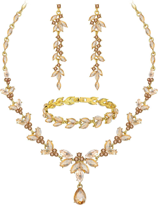 Wedding Jewelry Sets for Bride Bridesmaid Bridal Jewelry Set for Women Wedding Crystal Necklace Earrings Bracelet Set for Party Prom Jewelry