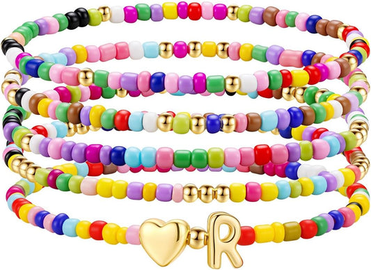 M MOOHAM Stocking Stuffers for Kids Girls Teen - 5PCS Colorful Beaded Initial Bracelets for Women Girls, Cute Stretch Heart Letter Bohemian Stackable Bracelet Birthday Gifts Jewelry for Kids Teen Girl