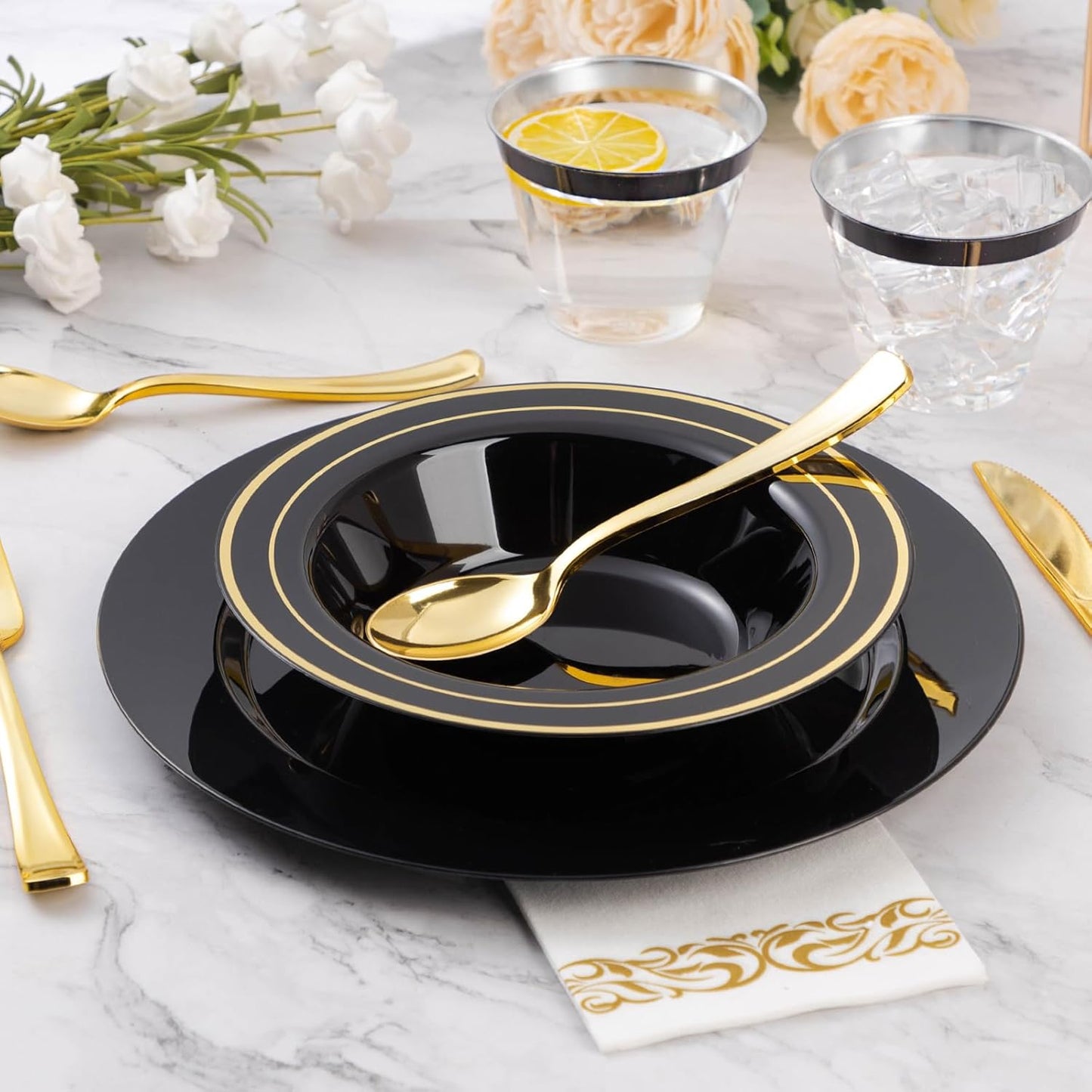 Goodluck 100 Pack Black Plastic Bowls with Gold Rim, 12oz Disposable Soup Bowls, Heavy Duty Dessert Bowls for Weddings, Parties, Dinners, Catering, and New Year