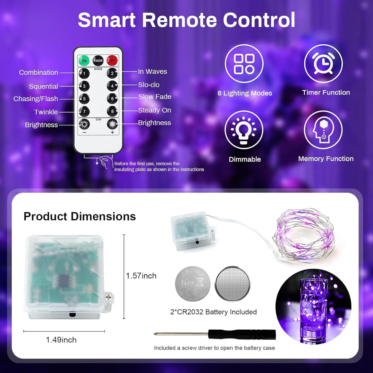 ZGWJ 6 Pack Fairy Lights Battery Operated with Remote, 7ft 20 LED Mini Fairy String Lights with Timer 8 Lighting Modes Waterproof for Halloween Christmas Tree DIY, Parties, Bedroom Decorations Purple