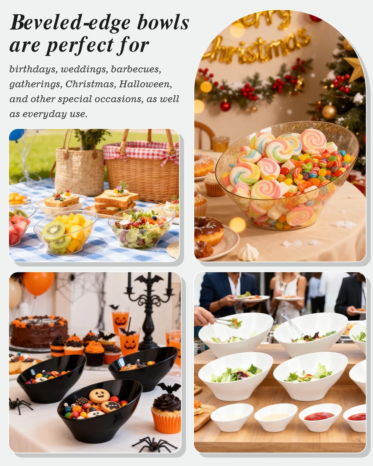 BESTVIP 8oz White Plastic Serving Bowls for Party - 12 Pack Angled Disposable Serving Bowls, Party for Chips, Snacks, Fruit, Salad - Bowls for Parties, Daily Use, Catering, Christmas