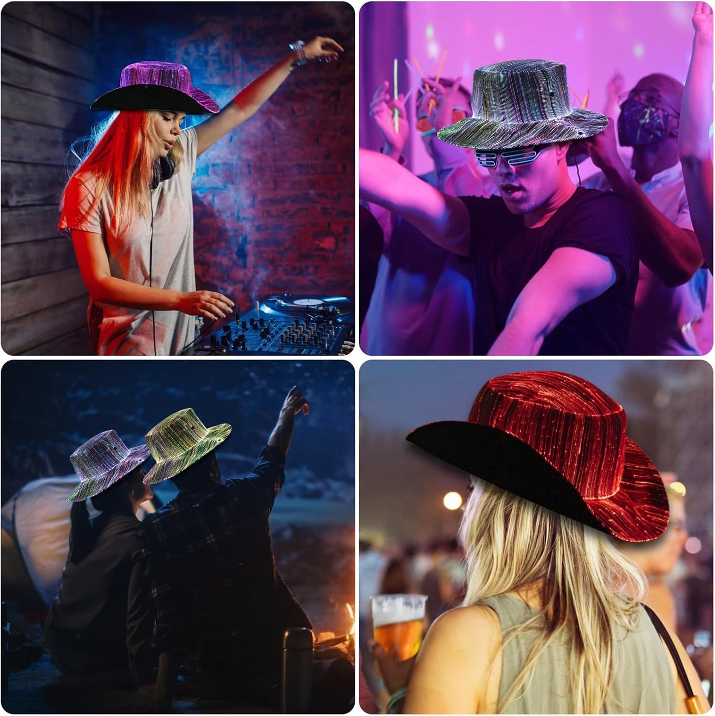 LED Bucket Hat, 7 Colors Rave LED Hats for Men Women Rechargeable Light up LED Cowboy Hat Wide Brim Neon Outfit for Party (Black)