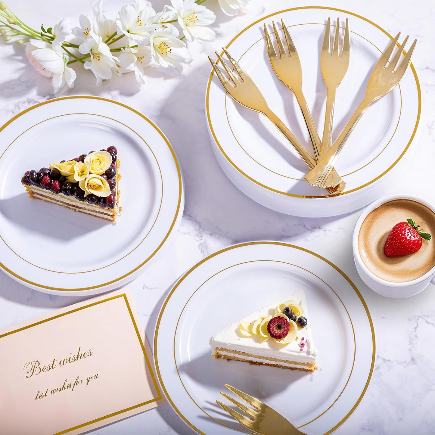 WELLIFE 60 PCS Gold Plastic Dessert Plates and 60 PCS Forks, 6.3 inch Disposable Salad Plates, Premium White Appetizer Plates with Gold Rims, Perfect for Party