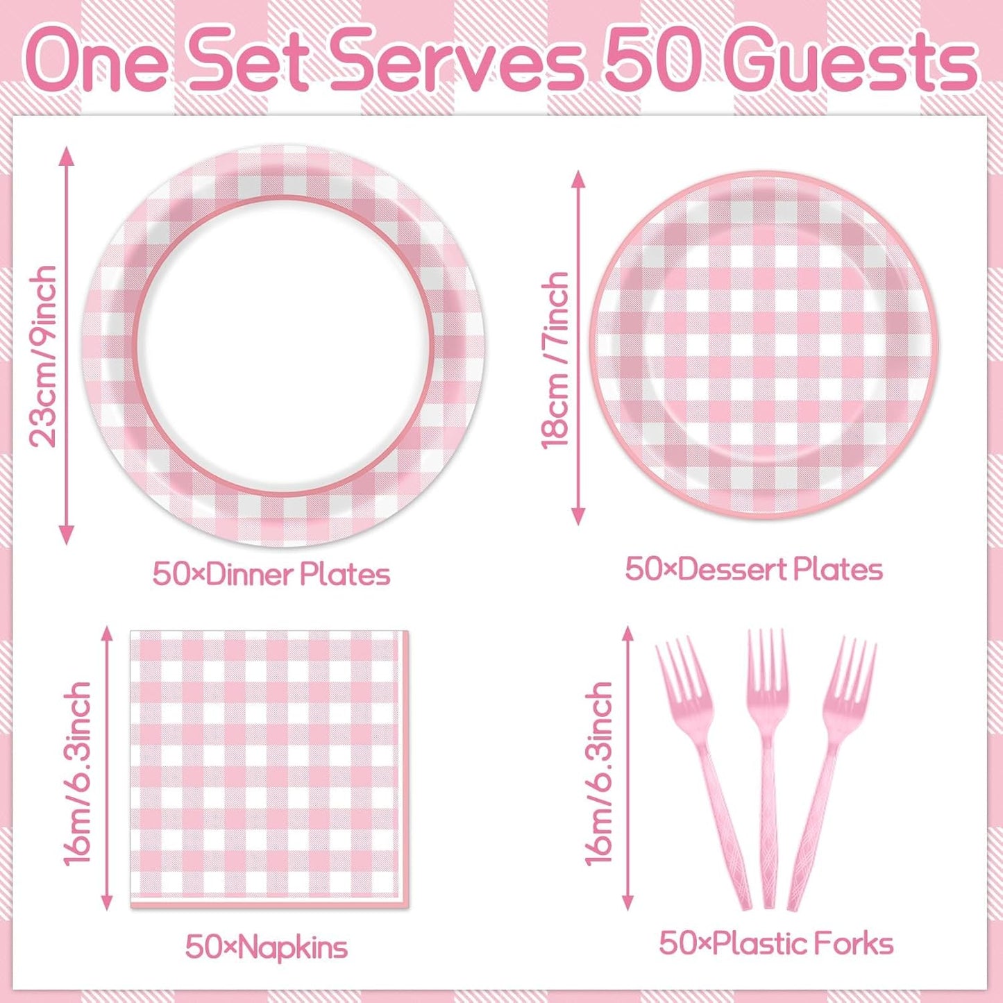 ZOIIWA 200 PCS Pink Gingham Tableware Disposable Pink And White Checkered Party Supplies Dinnerware Set Plaid Plates Outdoor Supplies Girls Barbecue Picnic Birthday Party Decoration Serve 50 guest