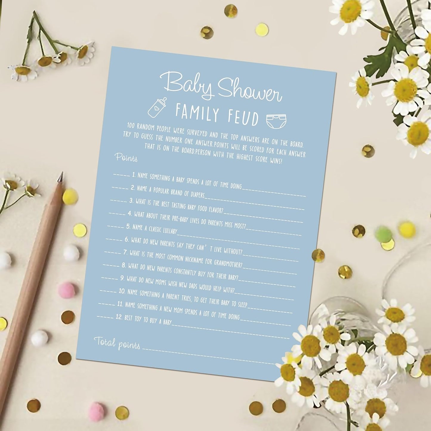 Baby Shower Family Feud Game - 30 Cards, Answer Key, Gender Neutral Decorations for Boy & Girl - Bluish