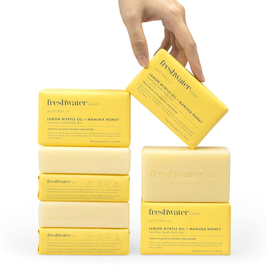 Freshwater Farm Australia Natural Soap Bar- Lemon Myrtle+Manuka Honey- 7 oz x 8 Pack- Castile Bar Soap, Natural Soap Bar, Bar Soap, Body Soap Bars- Essential Oils For Sensitive Skin