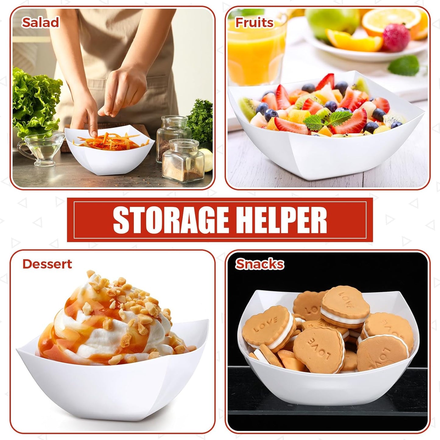 Tanlade 50 Pcs Square Plastic Serving Bowls Disposable Snack Salad Bowl Small Party Candy Bar Containers Taco Bar Serving Dishes for Buffet Chips Fruit(White,16 oz)