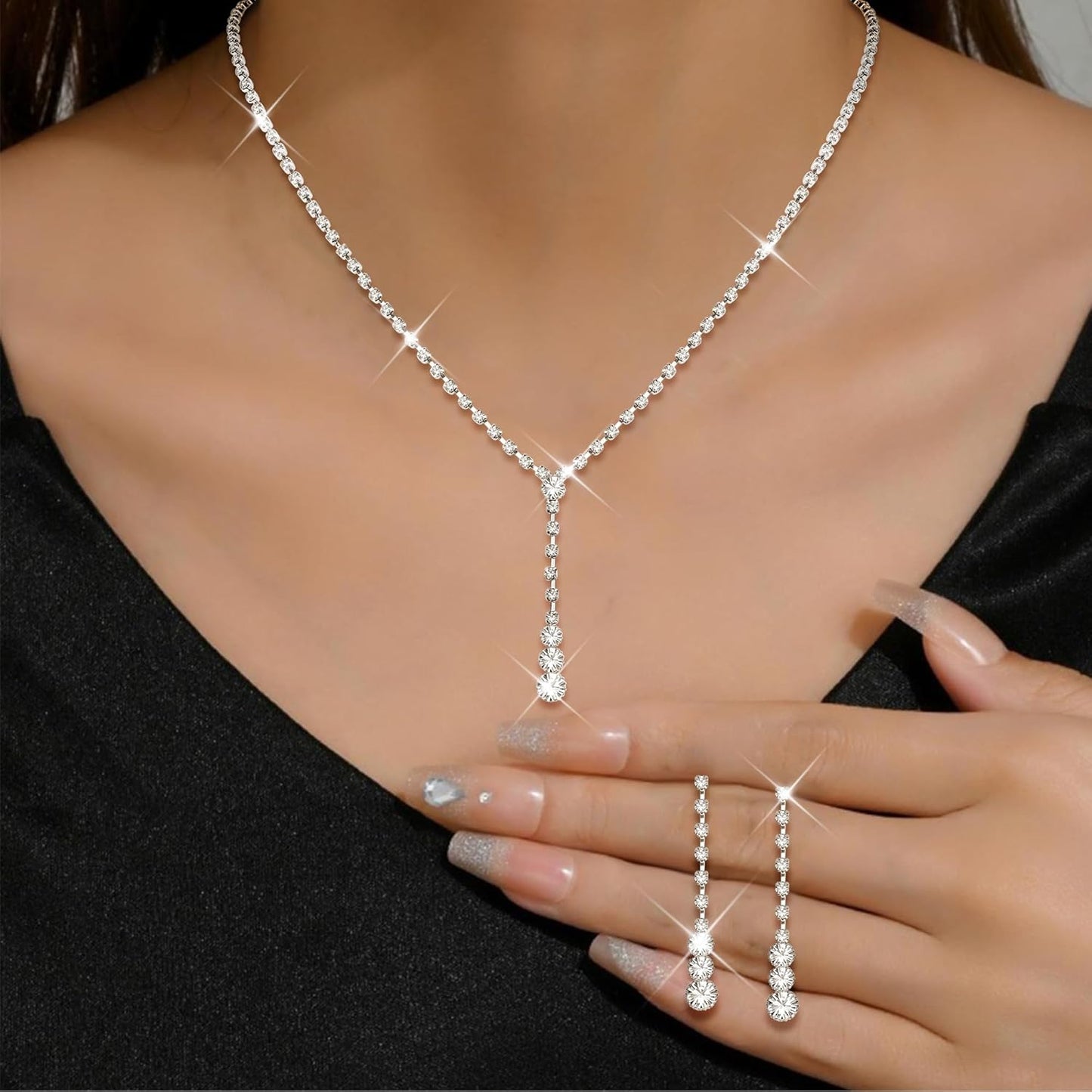 THUNARAZ Sparkled Jewelry Set for Women Silver Rhinestone Necklace Teardrop Dangle Earrings Bracelet for Bride Bridesmaid Crystal Bridal Prom Costume Jewelry Accessories for Wedding Party