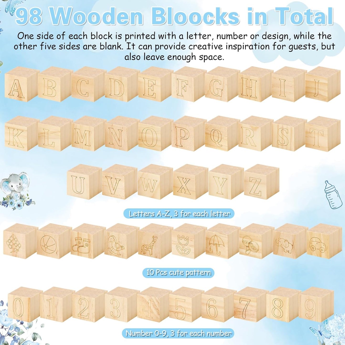 Marsui 136 Pcs Baby Shower Blocks to Decorate Game Kit Includes 98 Wooden Blocks, 36 Markers, 1 Game Sign, 1 Storage Box for Baby Shower Gender Reveal Activity Party Decorations(Blue Butterfly)