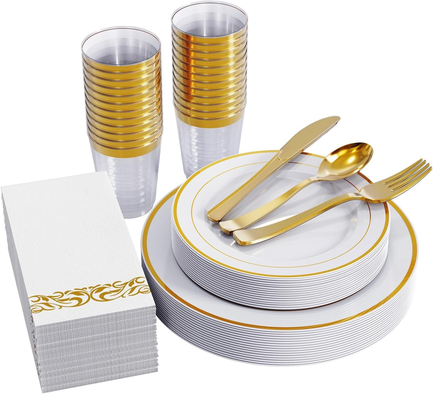 FOCUSLINE 175 Count Gold Dinnerware Set for 25 Guests - Gold Rimmed White Disposable Plastic Plates Heavy Duty, Includes 25 Dinner & Salad Plates, Cups, Cutlery Set for Wedding Parties