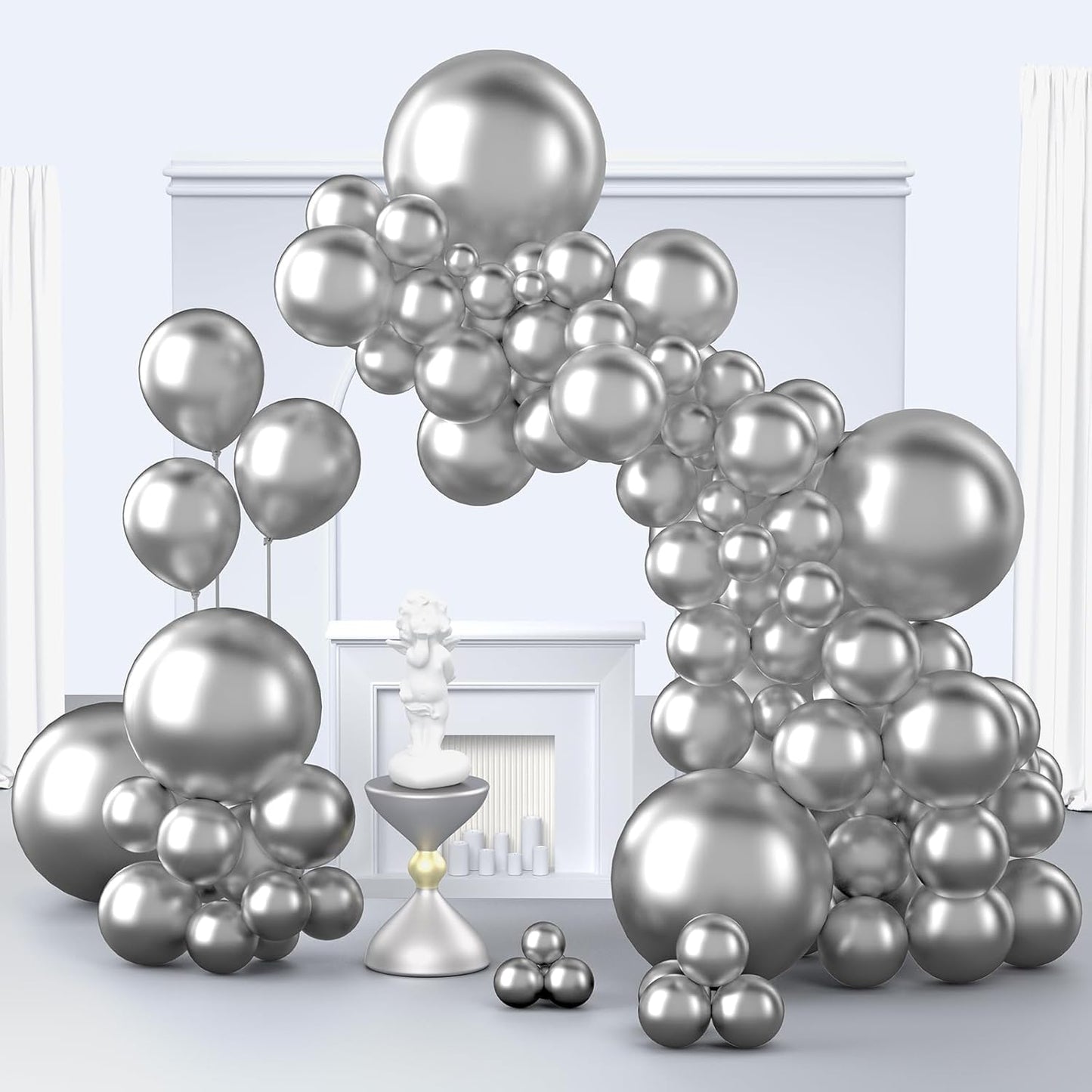 Metallic Silver Balloons, 150 pcs Different Sizes Pack of 18 Inch 12 Inch 10 Inch 5 Inch Chrome Silver Balloon Arch Kit Garland for Graduation New Year Wedding Birthday Party Decorations