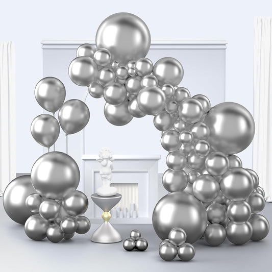 Metallic Silver Balloons, 150 pcs Different Sizes Pack of 18 Inch 12 Inch 10 Inch 5 Inch Chrome Silver Balloon Arch Kit Garland for Graduation New Year Wedding Birthday Party Decorations