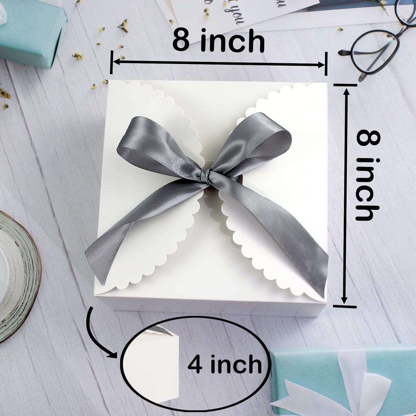 8"x 8"x 4" White Gift Boxes with Lids and Ribbons, 6 Pack Foldable Cardboard Paper Boxes for Gifts, Bridesmaid Proposal Boxes, Wedding Birthday Party Favor Boxes, Sturdy Reusable Bulk Gift Boxes