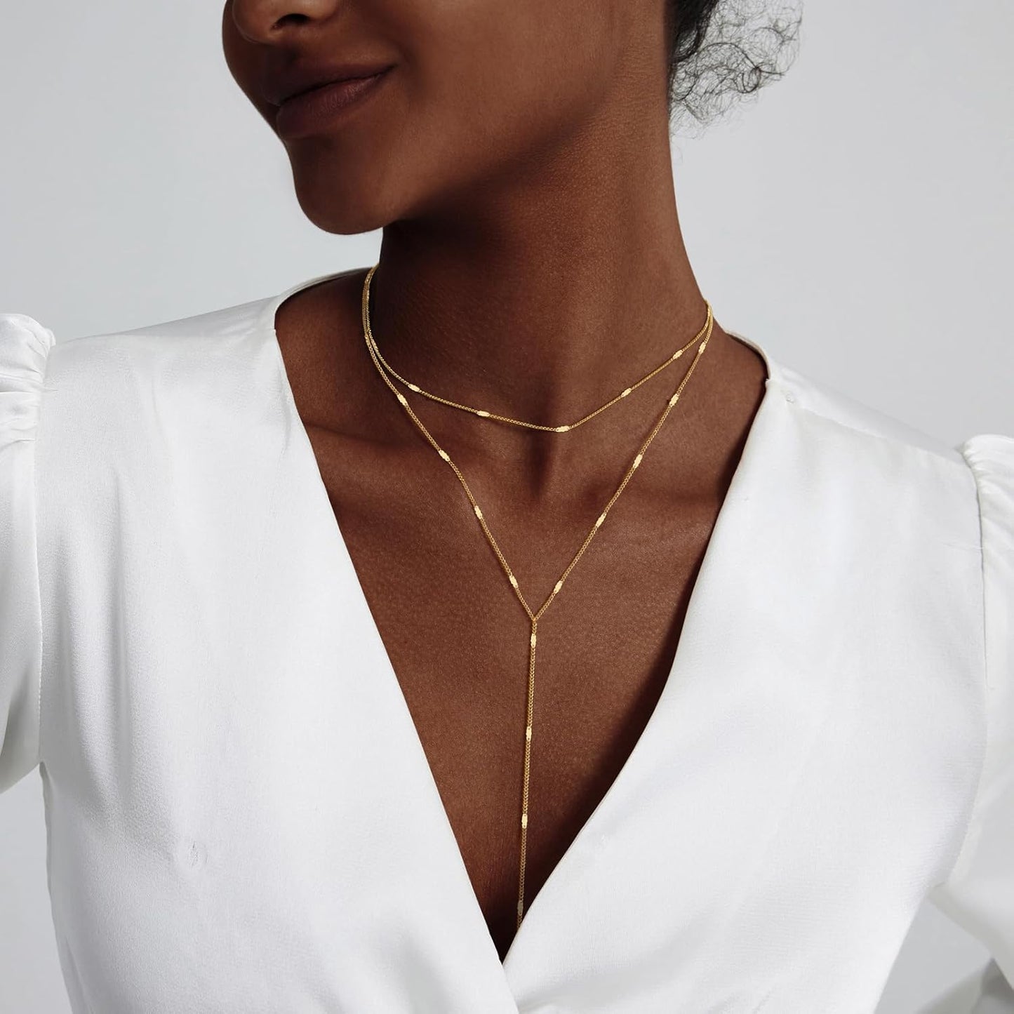 Lariat Gold Necklace for Women, Dainty Long Necklace 14k Gold Plated/Silver Y-Shaped Layered Beaded Chain Drop Necklaces for Women Trendy Simple Gold Jewelry for Women Gifts