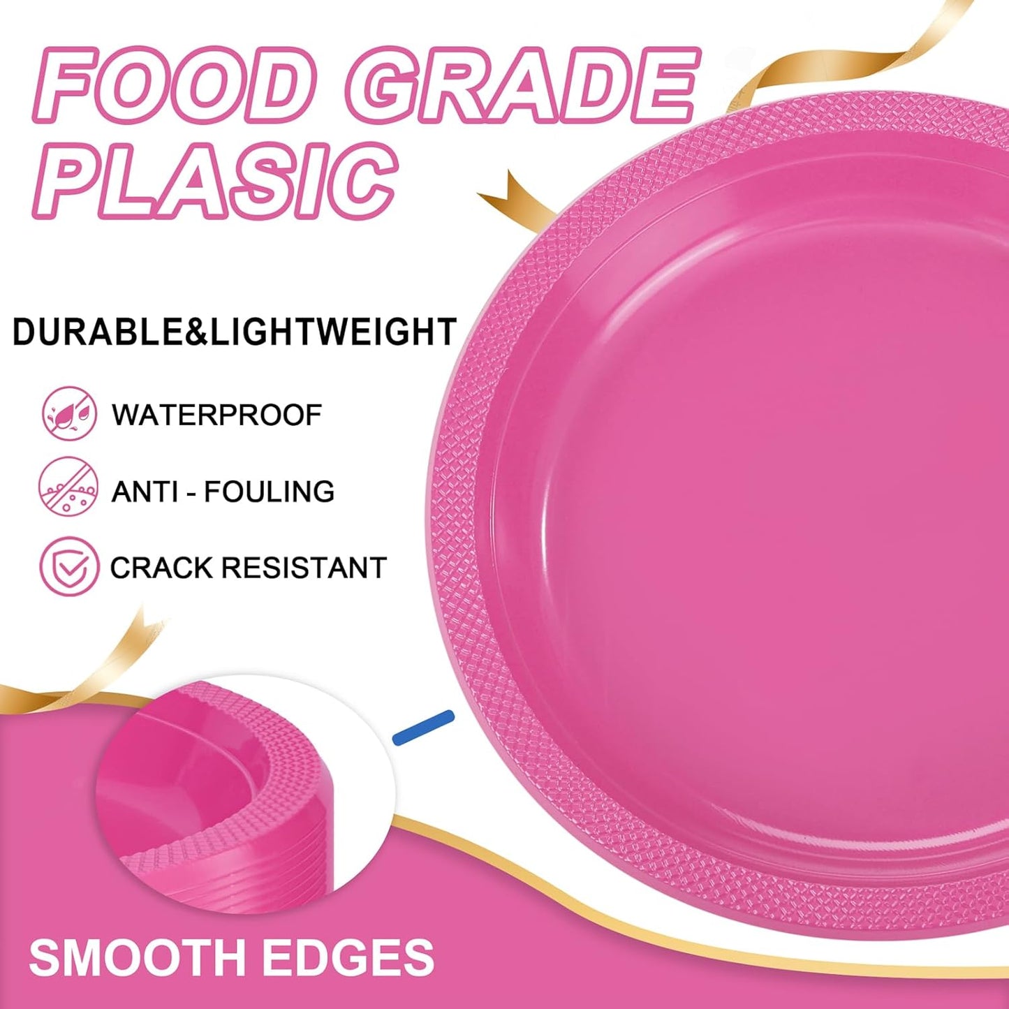 WELLIFE Hot Pink Party Plates 10 Inch -150 Count, Disposable Plastic Dinner Plates for Valentine's Day Girls' Party Easter Mother's Day Birthday Baby Shower Wedding