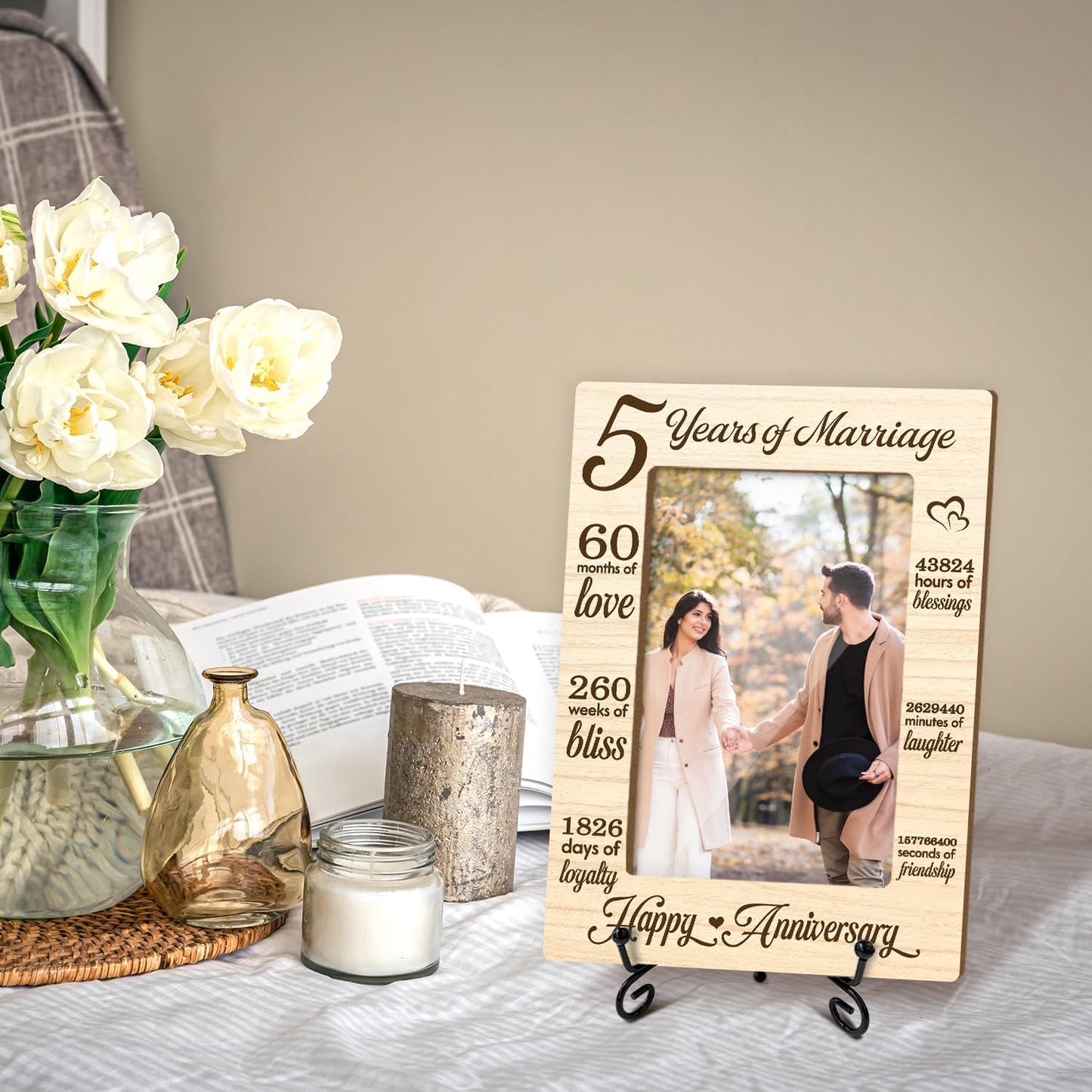 5 Years of Marriage Picture Frame, 5th Anniversary Wedding Valentines Gifts For Husband Wife Couple, 4x6 Wooden Picture Frame Tabletop Display Home Decor -03