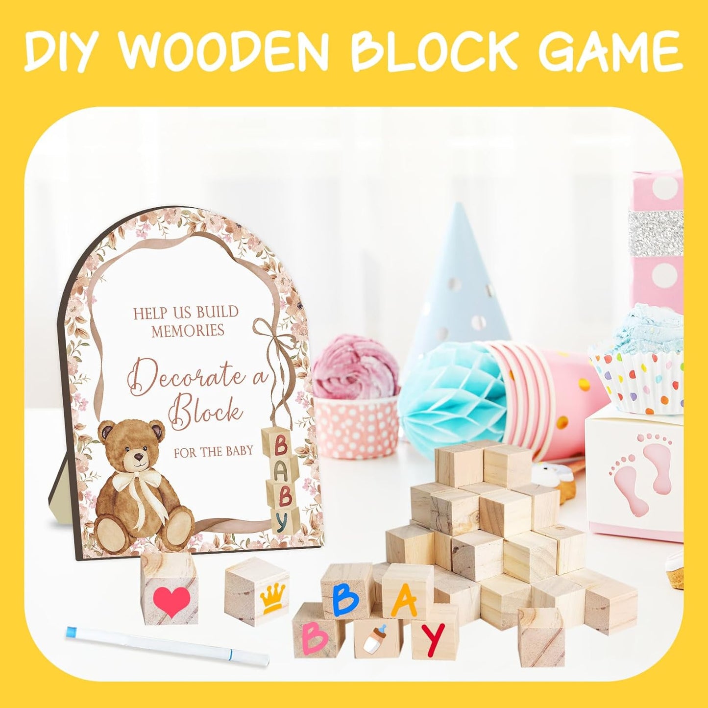 Teddy Bear Baby Shower Games Kit, Teddy Bear Baby Shower Decor, Floral Ribbon Babies Game with 50 Blank Wooden Babies Block, 24 Acrylic Paint Marker & Decorate a Block Wooden Sign for Boys Girls