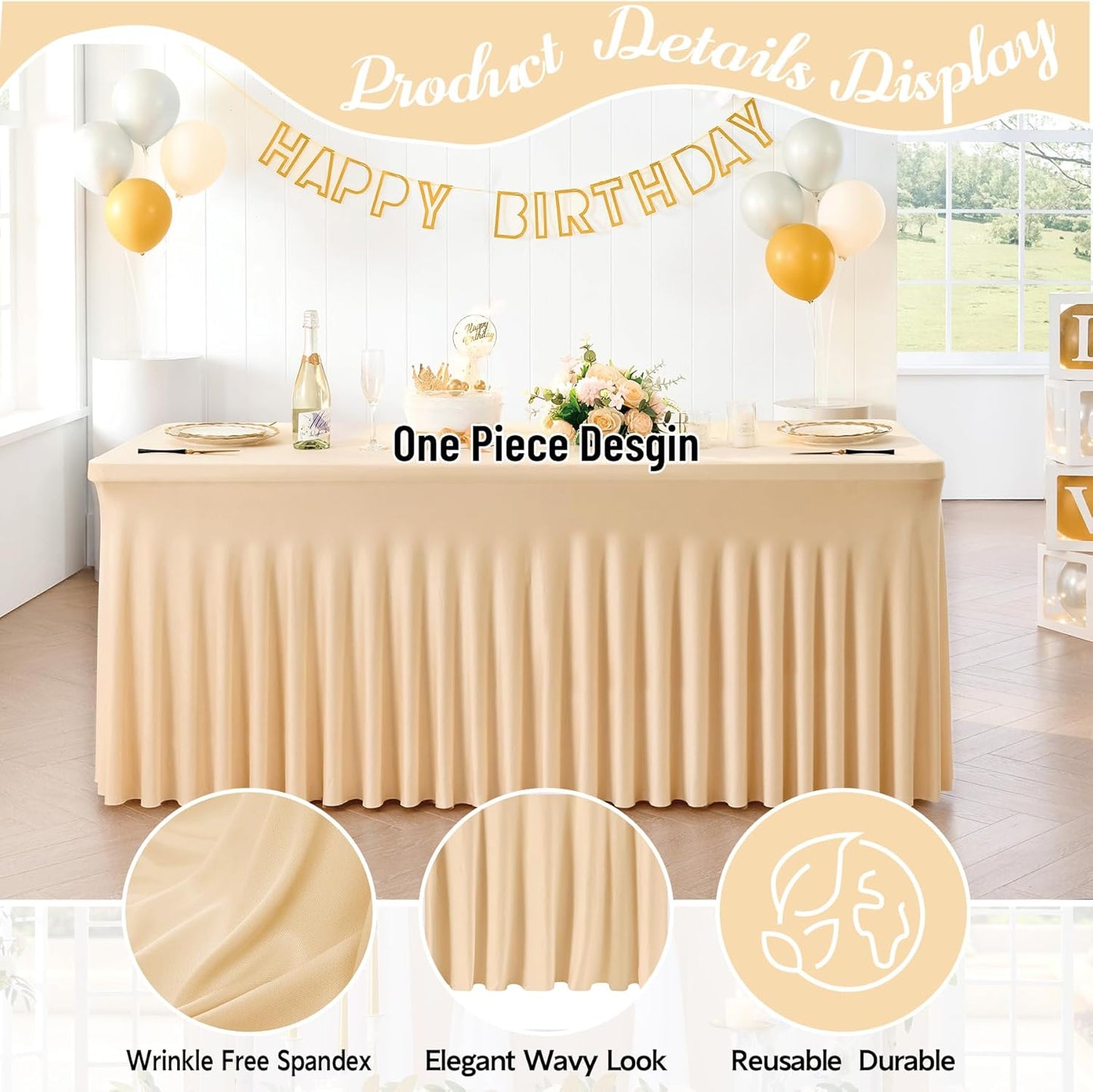 leegleri 4 Pack Champagne Spandex Table Clothes for 6 Foot Rectangle Tables, Wrinkle Free Fitted Table Cover 6ft Stretch Tablecloths with Skirt for Parties Weddings Birthday Banquet Baby Shower