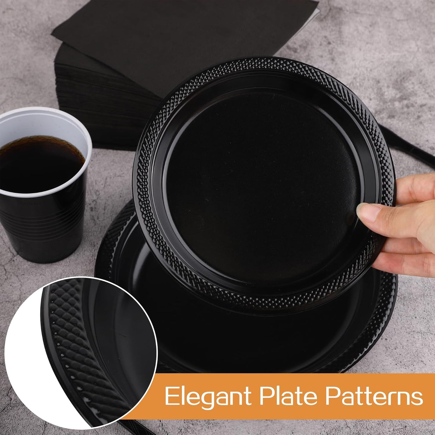 Aodaer 400 Pieces Black Party Supplies Disposable Dinnerware Set Include Plastic Plates Cups Knives Forks Spoons Paper Napkins for Birthday Wedding Graduation Parties, Serve 50 Guests