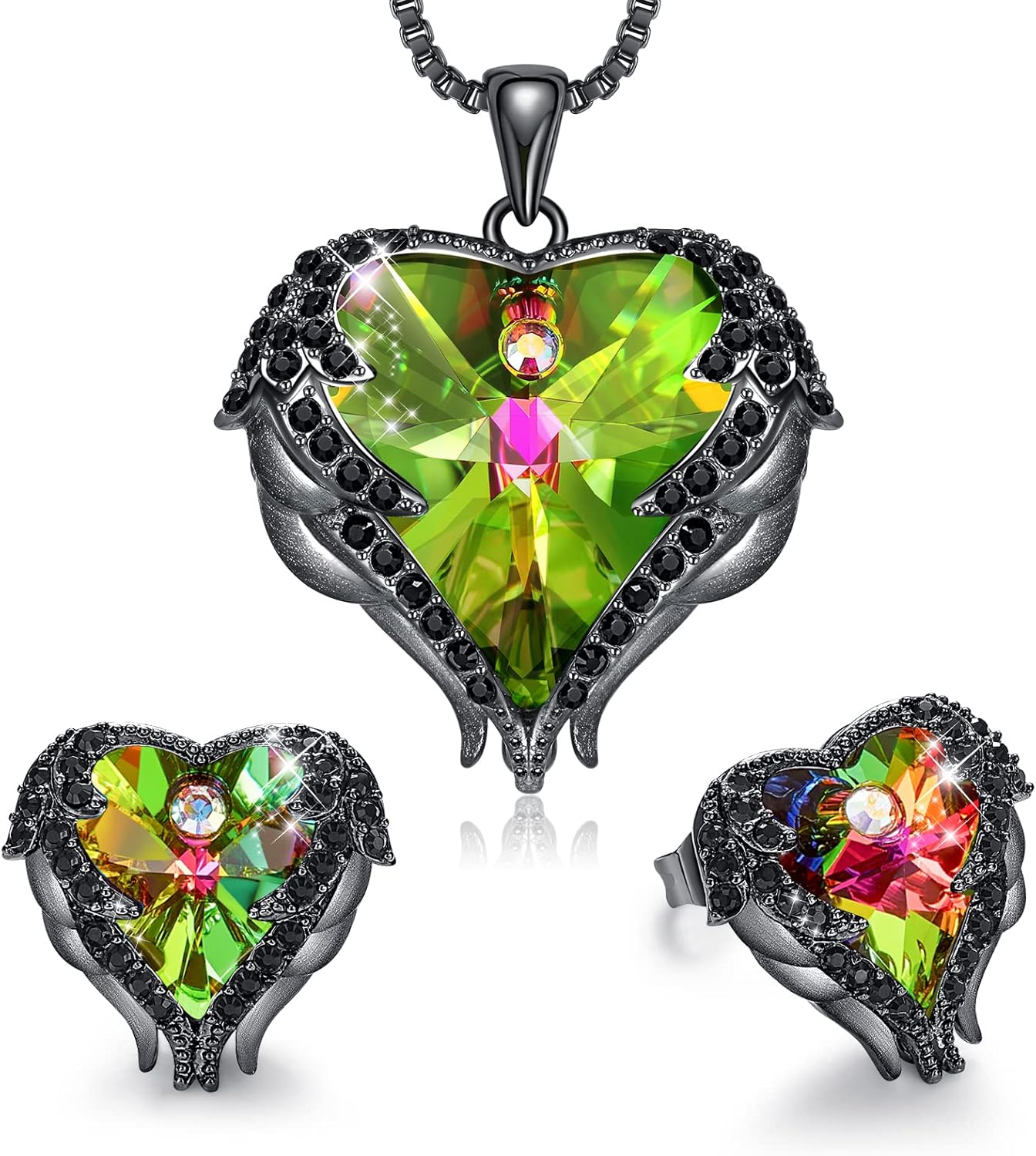 CDE Mothers Day Jewelry Set for Women, Angle Wing Heart Pendant Necklaces and Earrings with Birthstone， Birthday/Anniversary Christmas Jewelry Gift for Women Wife Her