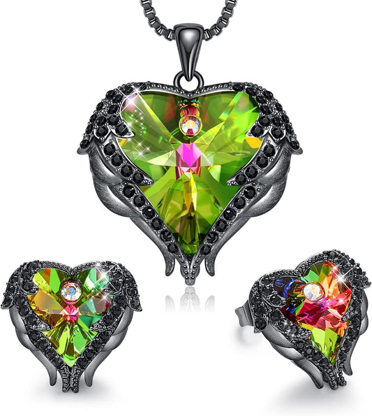 CDE Mothers Day Jewelry Set for Women, Angle Wing Heart Pendant Necklaces and Earrings with Birthstone， Birthday/Anniversary Christmas Jewelry Gift for Women Wife Her