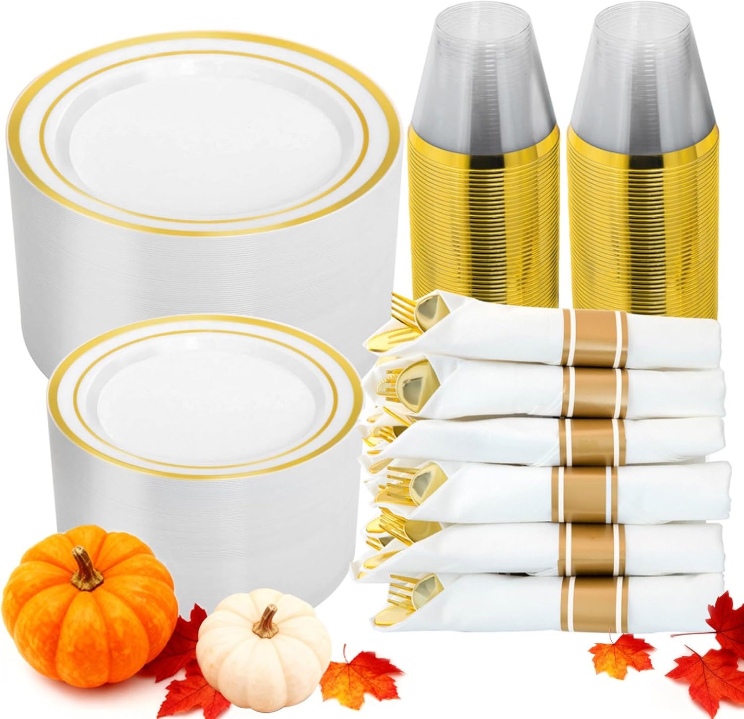 N9R 350 PCS Gold Plastic Dinnerware Set for 50 Guests, Gold Plastic Plates, Disposable Plate for Thanksgiving, Include: 50 Dinner & Dessert Plates, 50 Pre Rolled Napkins with Silverware and 50 Cups