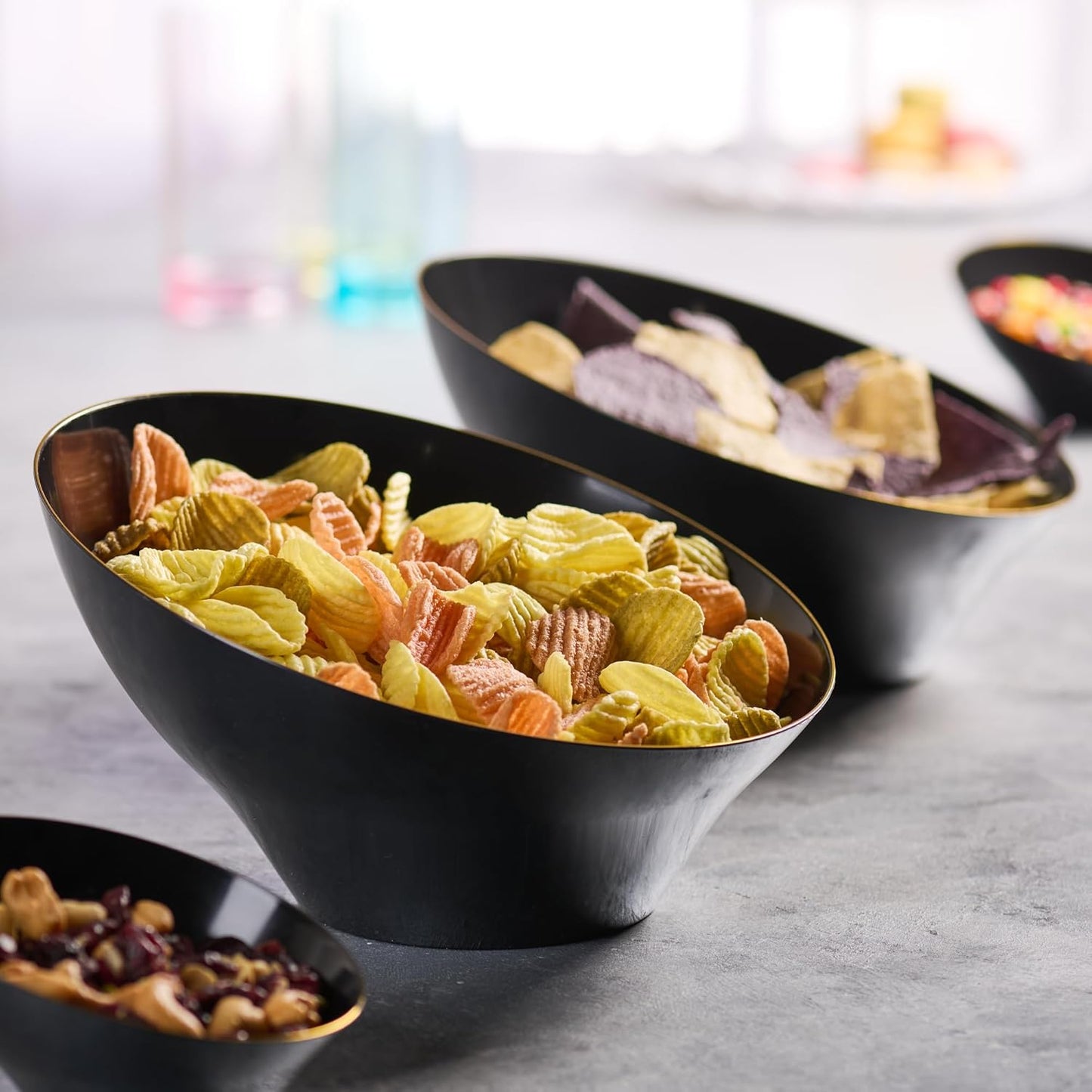 PLASTICPRO Angled Plastic Bowls Disposable Large Plastic Black Serving Bowls with Gold Rim for Party for Appetizer Salads Pack of 4