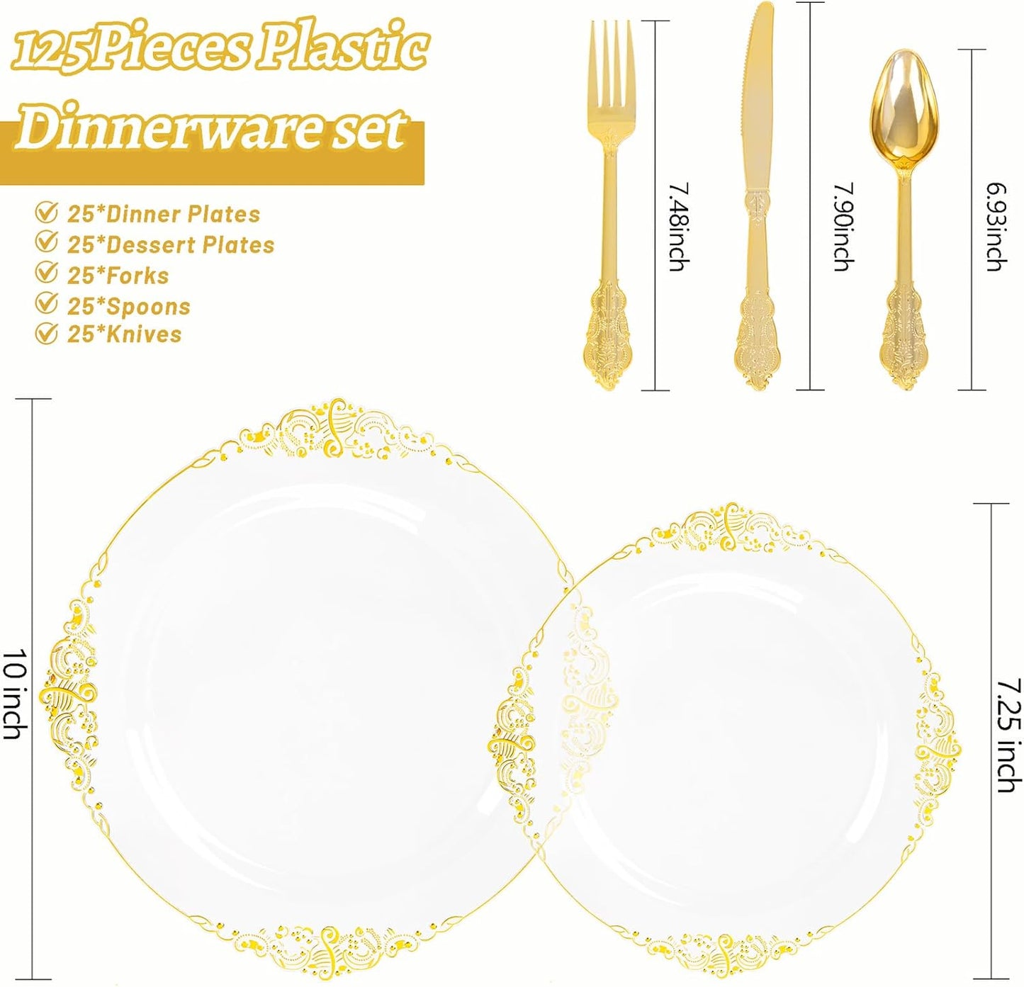 125PCS Clear Gold Plastic Plates - Fancy Clear Disposable Plates - Thanksgiving Plate with Gold Plastic Silverware Set for 25 Guests for Party & Wedding & Holiday