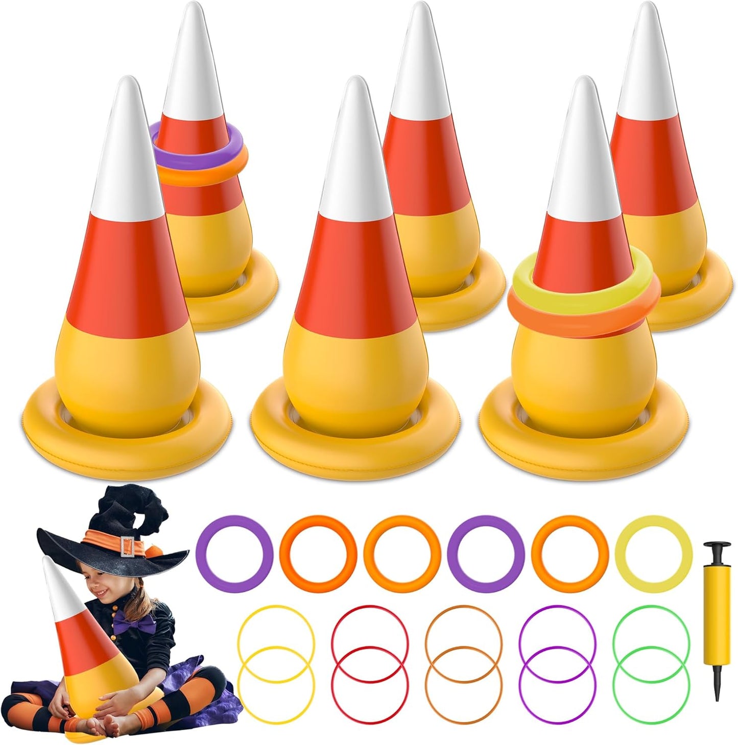 Halloween Ring Toss Game, Halloween Party Games Inflatable Candy Corn Ring Toss Toys with Air Pump for Kids Adults Party Favors Indoors Outdoors Family Party Game Supplies