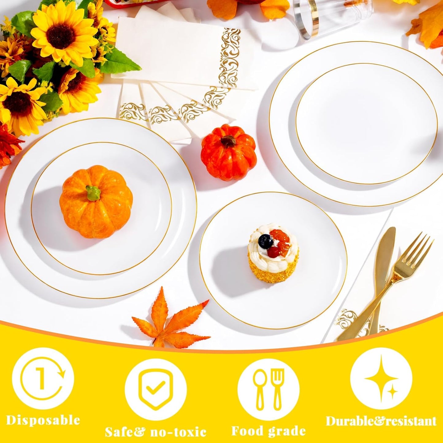YOUBET 175PCS Gold Rimmed Plastic Plates - White and Gold Disposable Plates Includes 25 Dinner Plate, 25 Dessert Plate, 75Silverware, 25 Cups, 25 Napkins for Wedding & Party & Thanksgiving