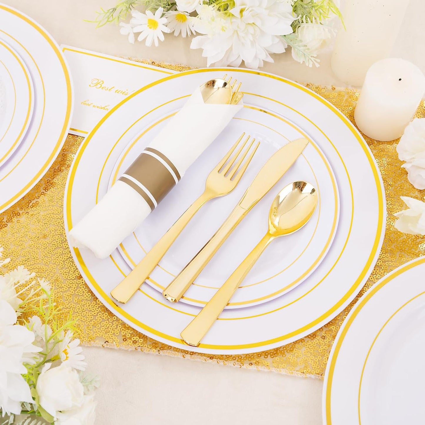 DaYammi 350PCS Gold Plastic Dinnerware Set for 50 Guests, Thanksgiving Plates Disposable, Include: 50 Dinner Plates, 50 Dessert Plates, 50 Pre Rolled Napkins with Gold Silverware, 50 Cups