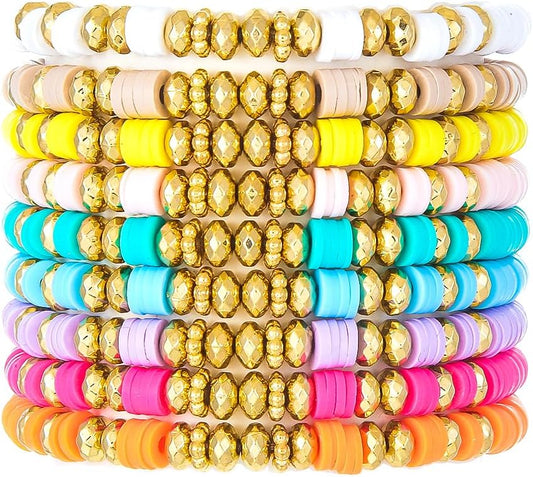 Friendship Bracelets for Women - Heishi Surfer Colorful Smile Evil Eye Clay Beaded Stretch Bracelets Elastic Layering - Stackable Boho Disc Y2K Aesthetic Summer Jewelry Set.