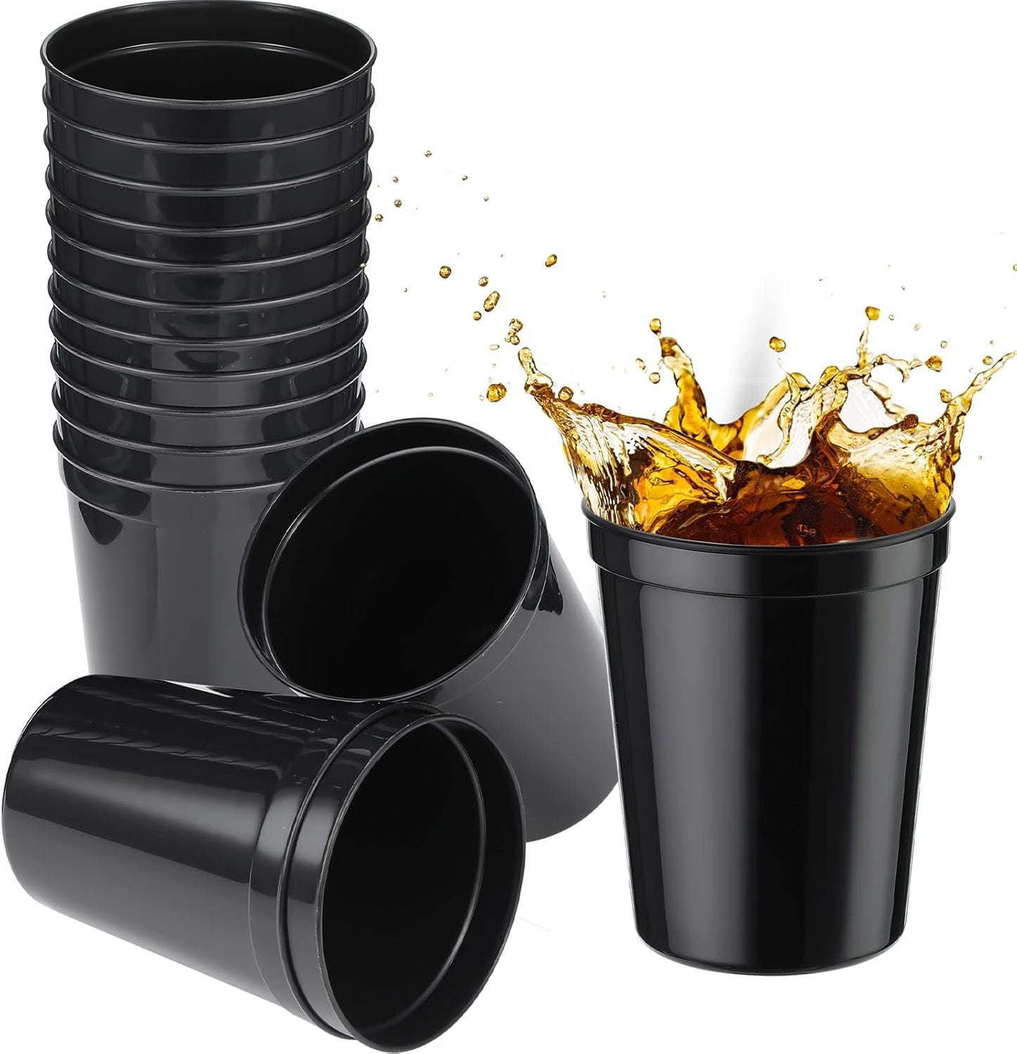 Yungyan 12 Pack 16oz Stadium Cups Reusable Plastic Cups Blank Drink Tumblers for Parties, Events, DIY Projects, 4.5 x 3.54 x 2.72 Inch (Black)