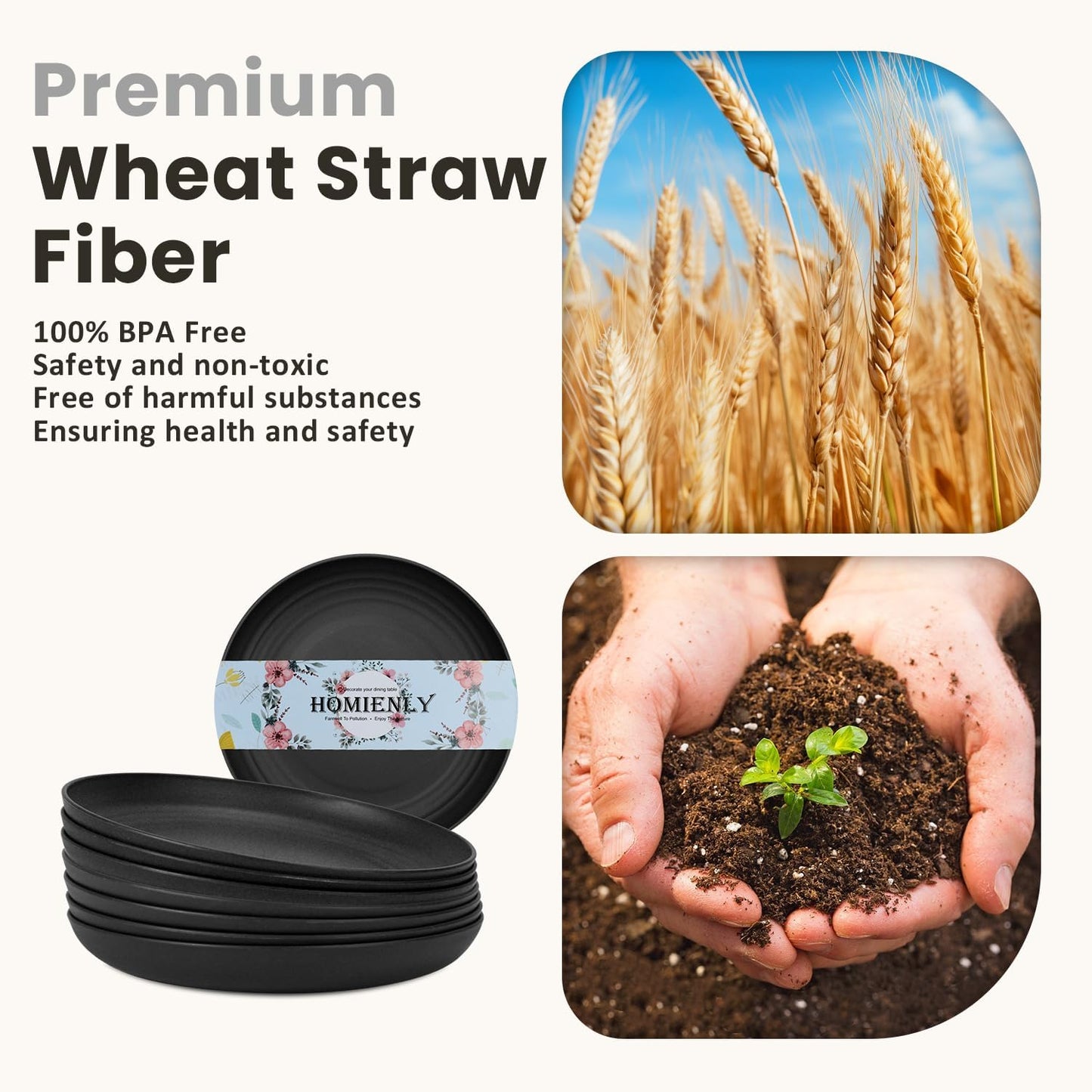 Homienly Wheat Straw Plates Set - 11 inch Reusable Large Dinner Plates Set of 8, Lightweight Unbreakable Salad Plates, Microwave and Dishwasher Safe Plates, Deep Plates for Dinner, Camping - Black