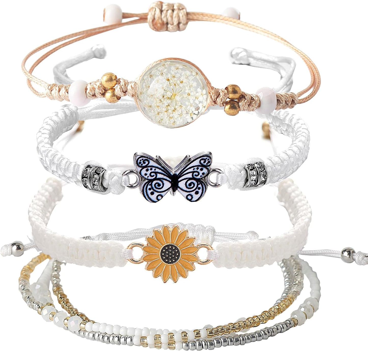 DS 4PCS String beads Charm Bracelets for Teen Girls Dainty cute cartoon Butterfly Daisy Eternal flower Beads Bracelets set for woman and girls Adjustable Stretch bracelet birthday Gift For Friends