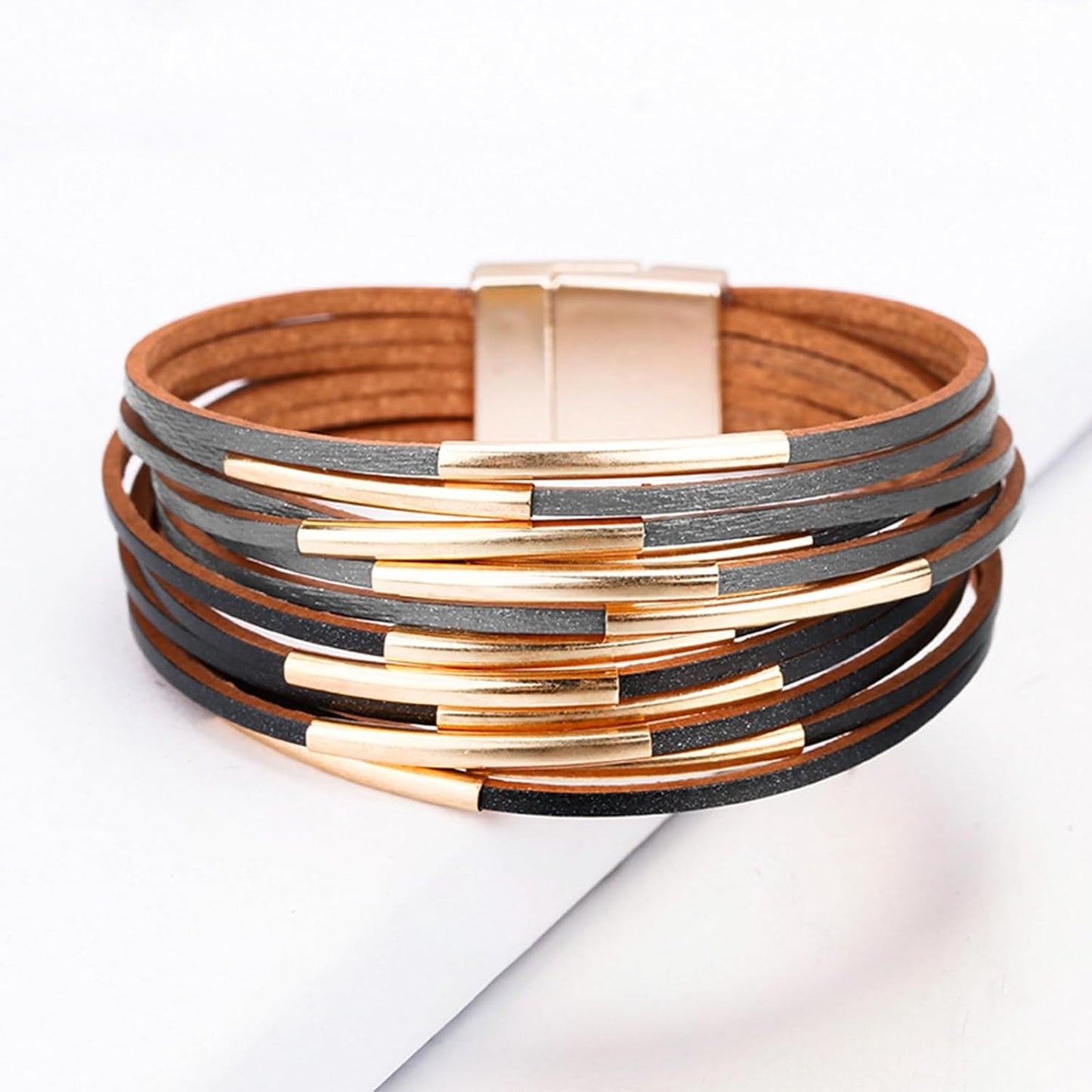 Fesciory Leather Wrap Bracelets for Women, Boho Leopard Multi-Layer Crystal Beads Cuff Bracelet Jewelry