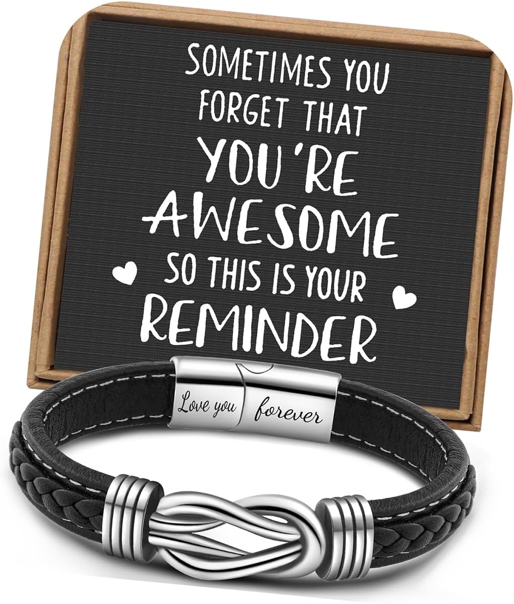 𝗞𝗻𝗼𝘁 𝗕𝗿𝗮𝗰𝗲𝗹𝗲𝘁 𝗚𝗶𝗳𝘁𝘀 𝗳𝗼𝗿 𝗠𝗲𝗻 Brown Braided Leather Stainless Steel Infinity Bracelets Lettering Love You Forever Gifts for Son Grandson Husband Boyfriend Brother Always Linked Together