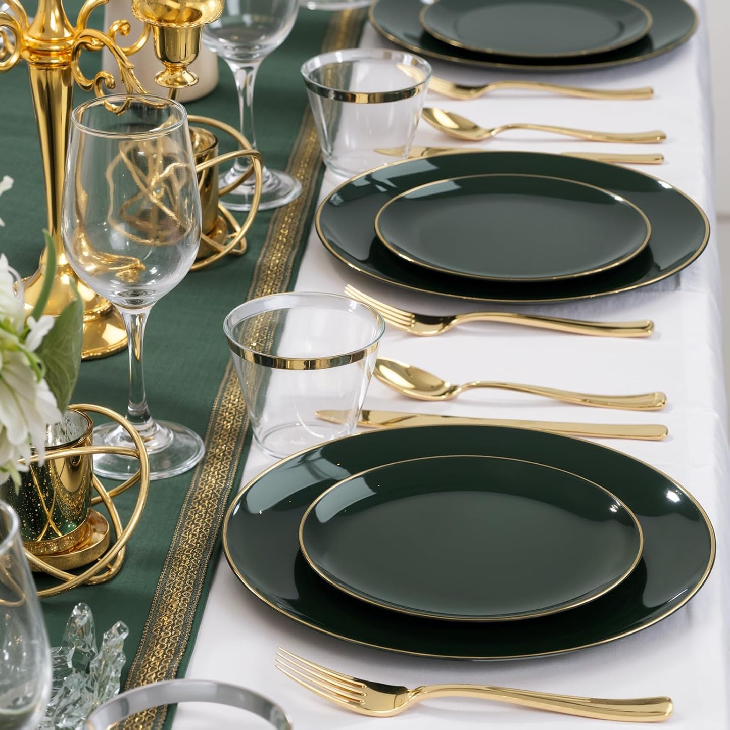 WDF 300Pcs Green Plates Disposable - Heavy Duty Green Plates - 50Guest Christmas Plastic Dinnerware Include 50 Dinner Plate, 50 Dessert Plate, 150 Cutlery & 50 9oz Cups for Christmas Parties