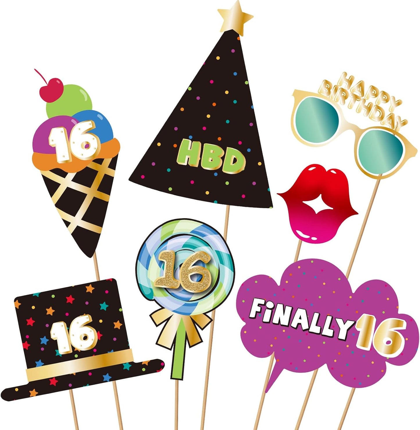 BRT Bearingshui Sweet 16 Photo Booth Props Accessories, Birthday Party Decoration, 40pcs Cardstock Photo Booth Props Kit with Sticks & Adhesive Pads