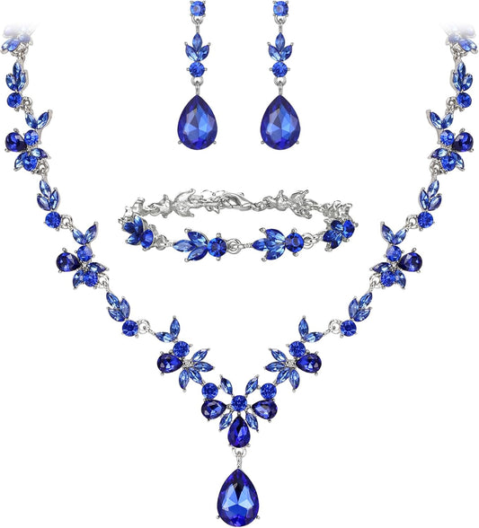 BriLove Wedding Jewelry Set for Women Bride, Y-Necklace Tennis Bracelet Dangle Earrings Crystal Teardrop Marquise Cluster for Bridal Bridesmaid